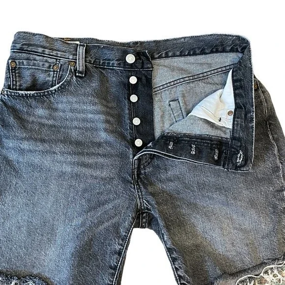 Levi's 501 Black Distressed Raw Hem Denim High Rise Jean Shorts Size 34 - Picture 2 of 10